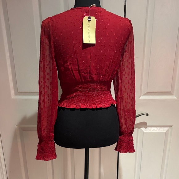 Elegant Red V-Neck Blouse with Sheer Sleeves - Picture 5 of 10